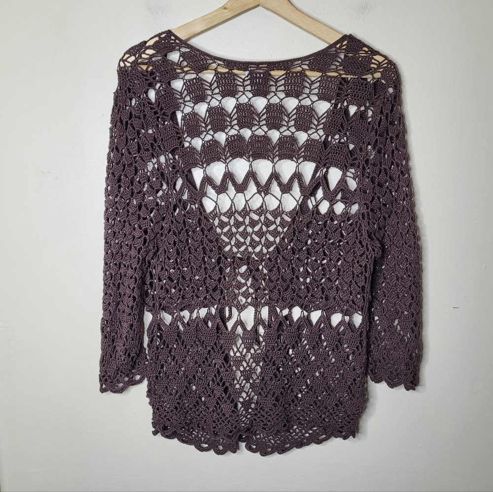 Caslon Brown Crochet Open Knit Cardigan Tie Front Shrug Size MP Petite - Picture 5 of 6